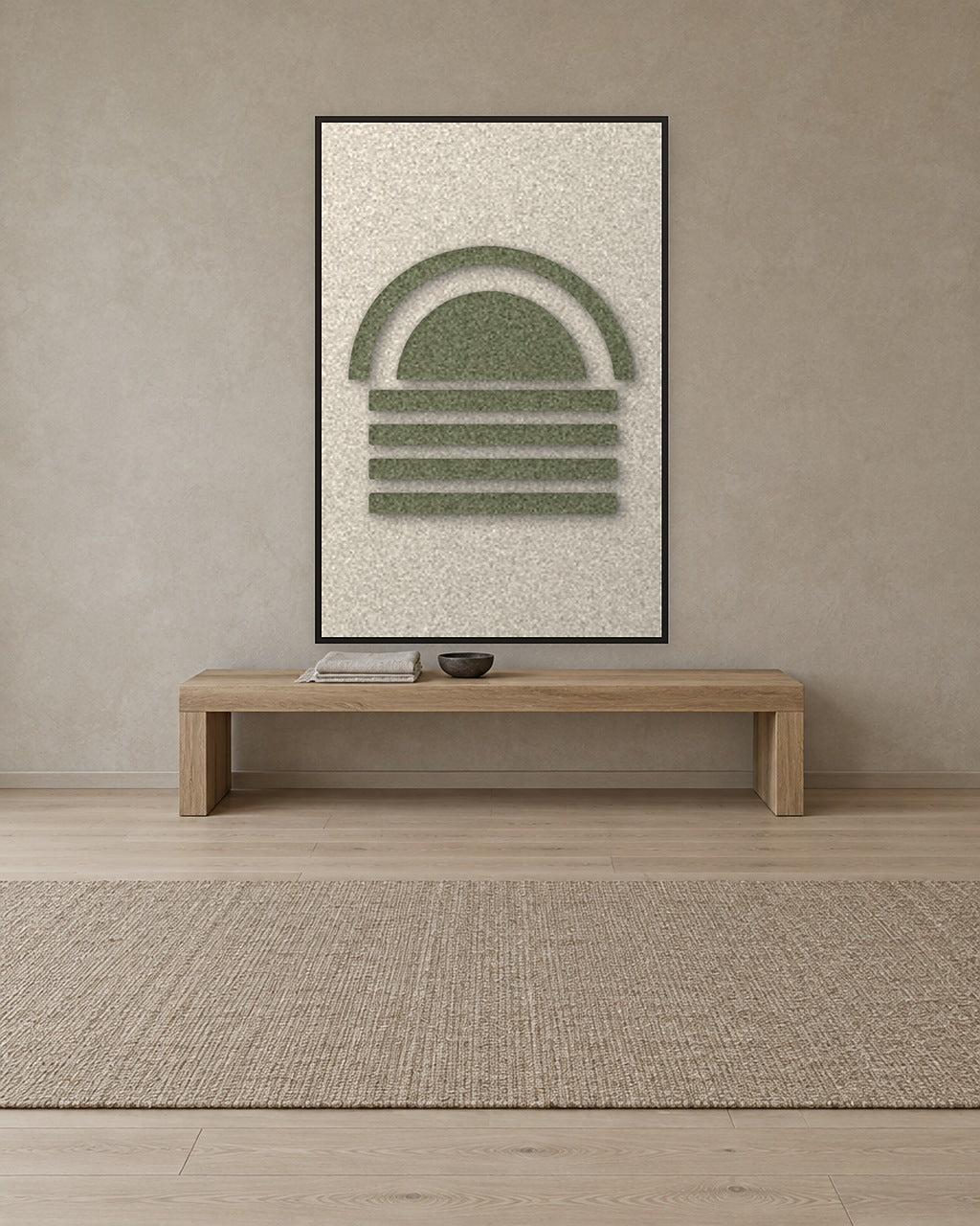 Dawn Arch Sage viltpaneel aan de wand in een Scandinavisch interieur