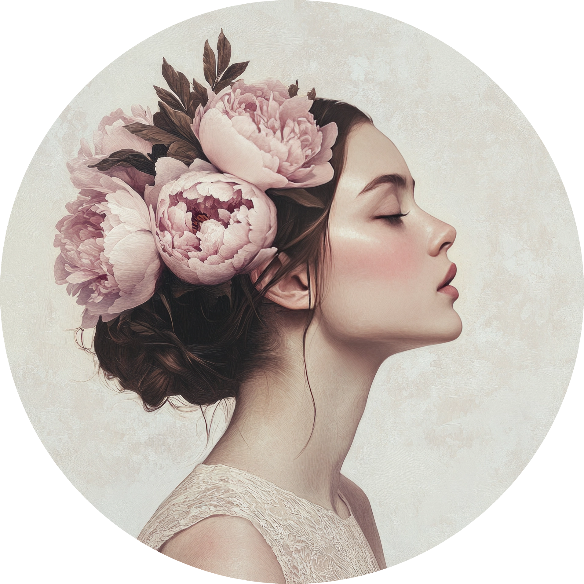 Woman with Peony Flowers Walldecoration Wandkraft Ø30 cm