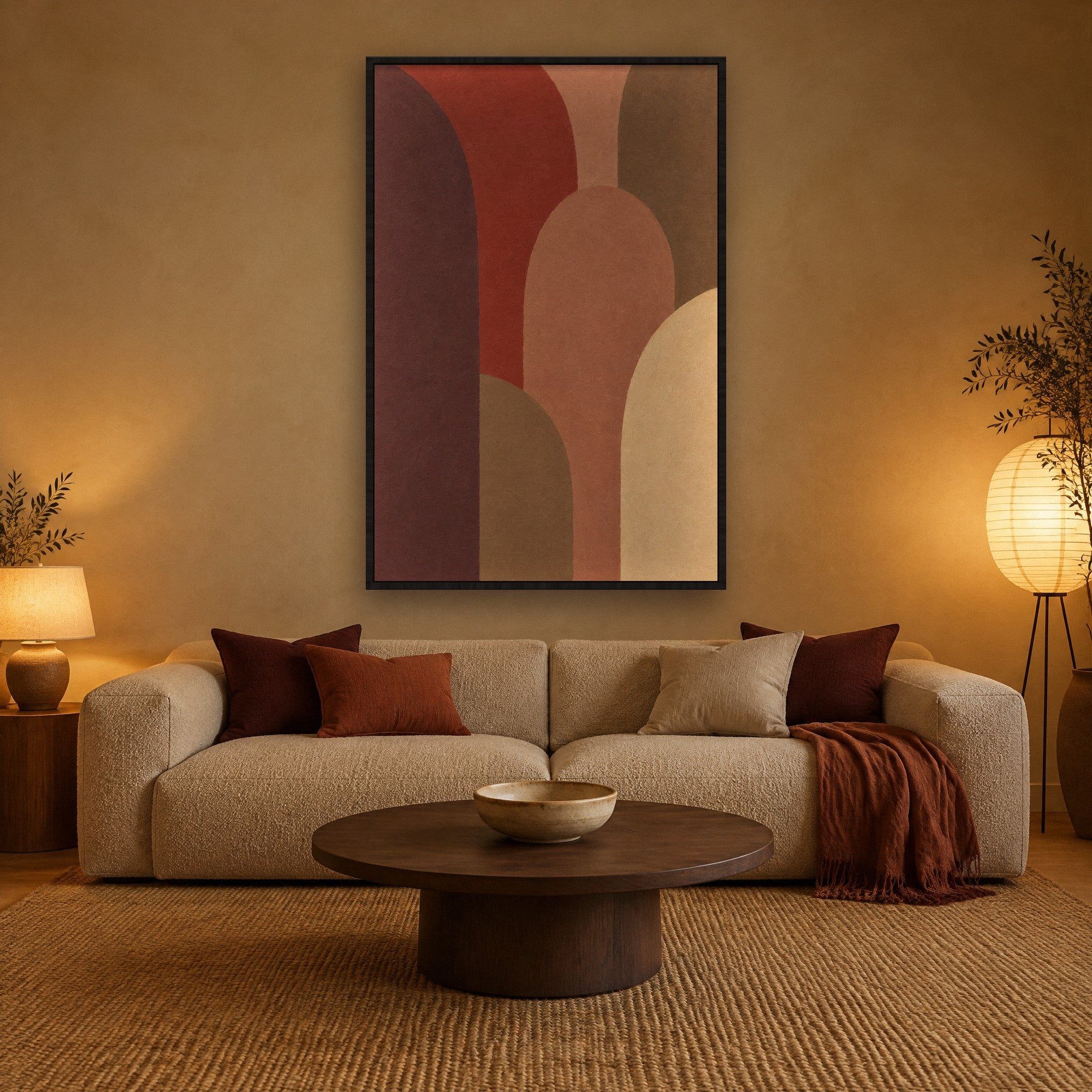 Desert Arches Stimmungsbild mit schwarzem Schattenfugenrahmen im Japandi-Wohnzimmer
