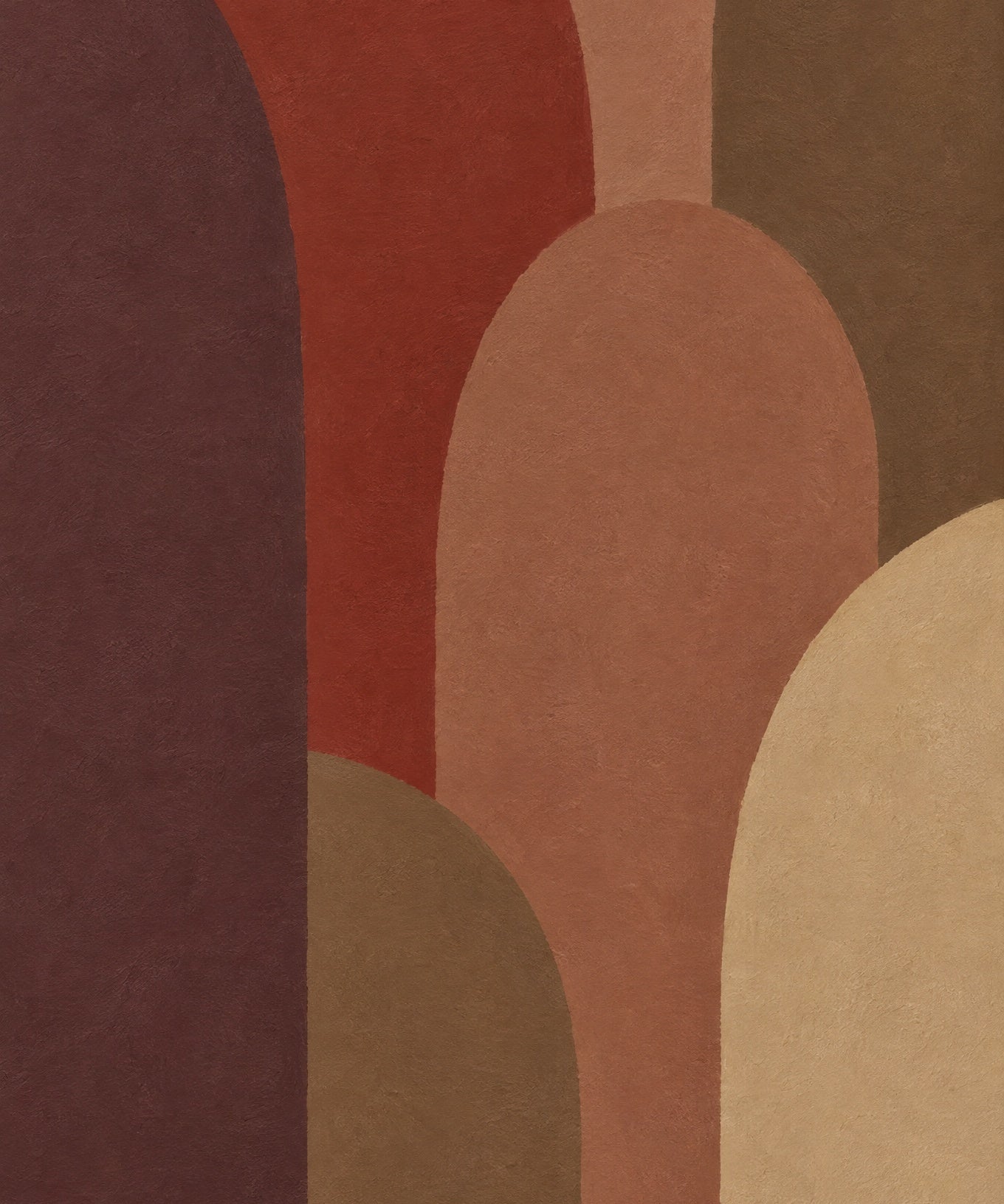 Abstrakte, überlappende Bogenformen in Aubergine, Ziegelrot, Terrakotta, Olivbraun und Sand, Wandkraft
