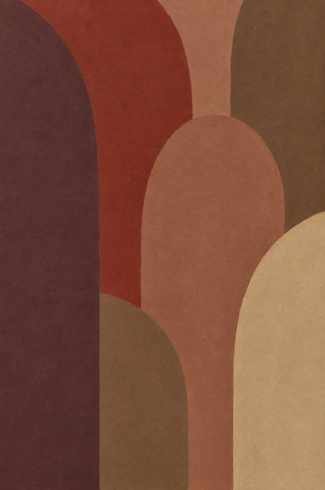 Abstrakte, überlappende Bogenformen in Aubergine, Ziegelrot, Terrakotta, Olivbraun und Sand, Wandkraft