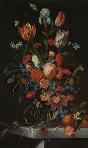 Décoration murale Wandkraft : peinture sombre aux fleurs colorées, papillons et orange sur marbre, dans le style des maîtres hollandais. Pour un intérieur élégant