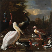 Décoration murale Wandkraft : oiseaux colorés au bord d'un étang dans un paysage forestier luxuriant, inspiré des maîtres hollandais, sous un ciel nuageux. Pour un intérieur élégant