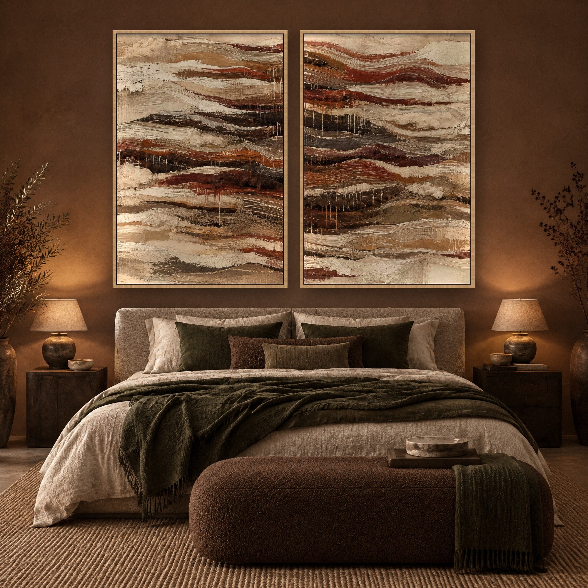Earth Ribbons Diptychon mit Schattenfugenrahmen in Naturholz im Schlafzimmer