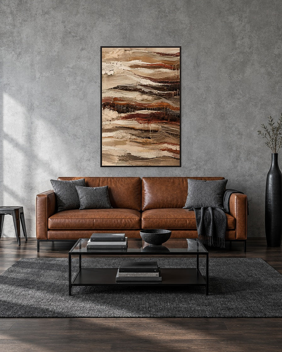 Earth Ribbons einzelnes linkes Paneel mit schwarzem Schattenfugenrahmen an der Wand in einem Industrieloft
