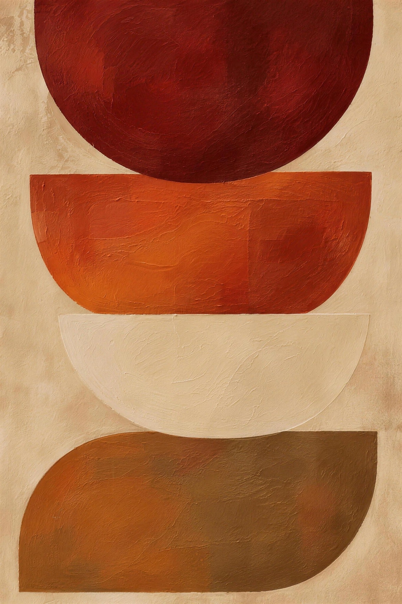 Quatre formes arrondies empilées sang-de-bœuf, orange brûlé, crème et ocre, Wandkraft