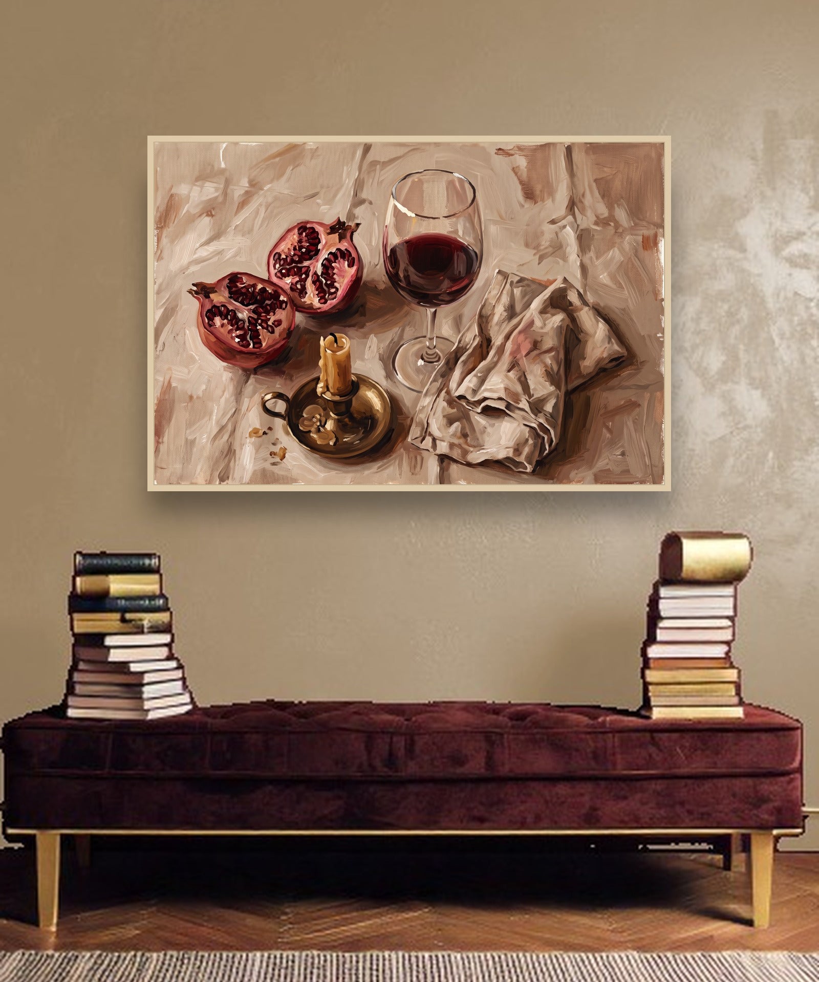 Evening Pomegranate sfeerbeeld met blanke houten lijst in moderne luxe interieur