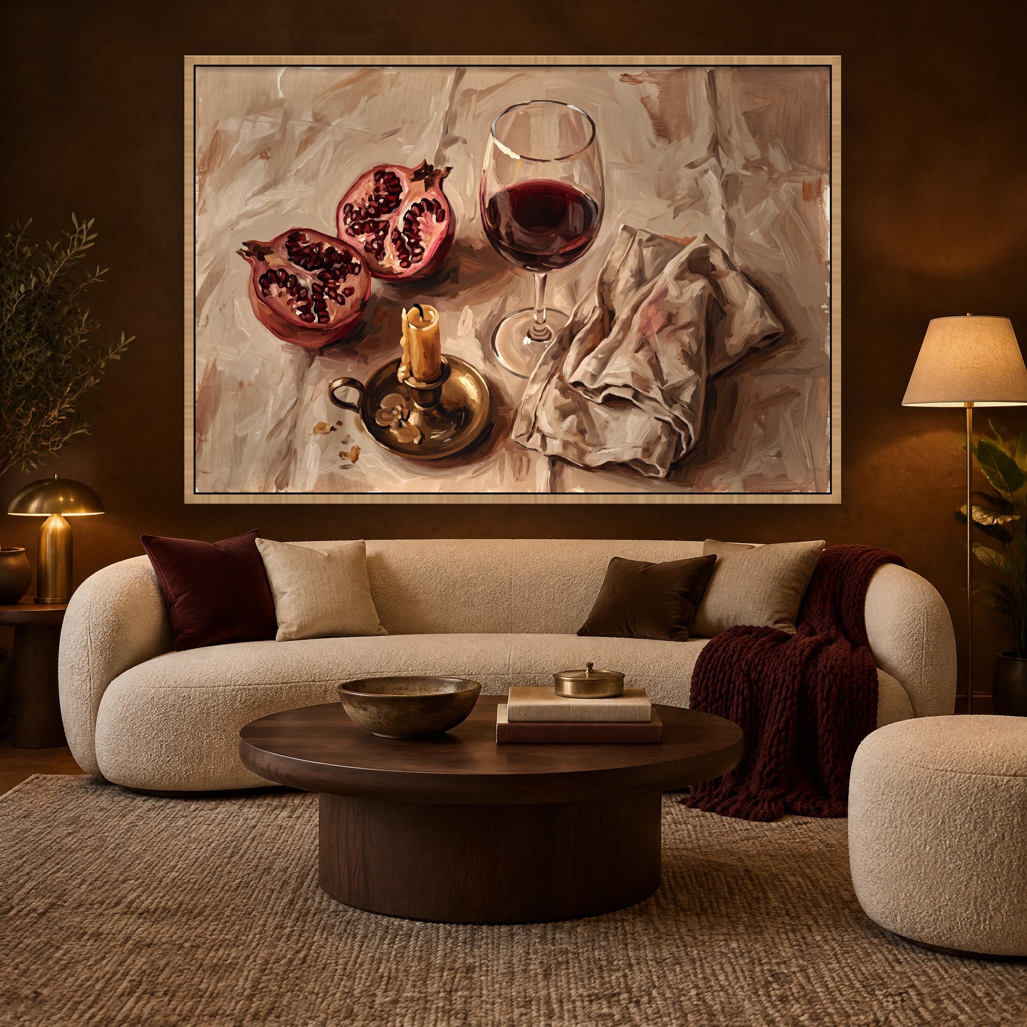 Evening Pomegranate sfeerbeeld met baklijst in naturel hout in een warme woonkamer