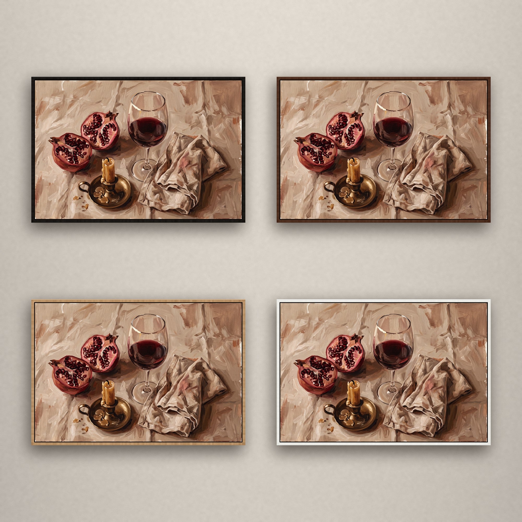 Evening Pomegranate in vier baklijsten naast elkaar: zwart, kastanje, naturel en wit