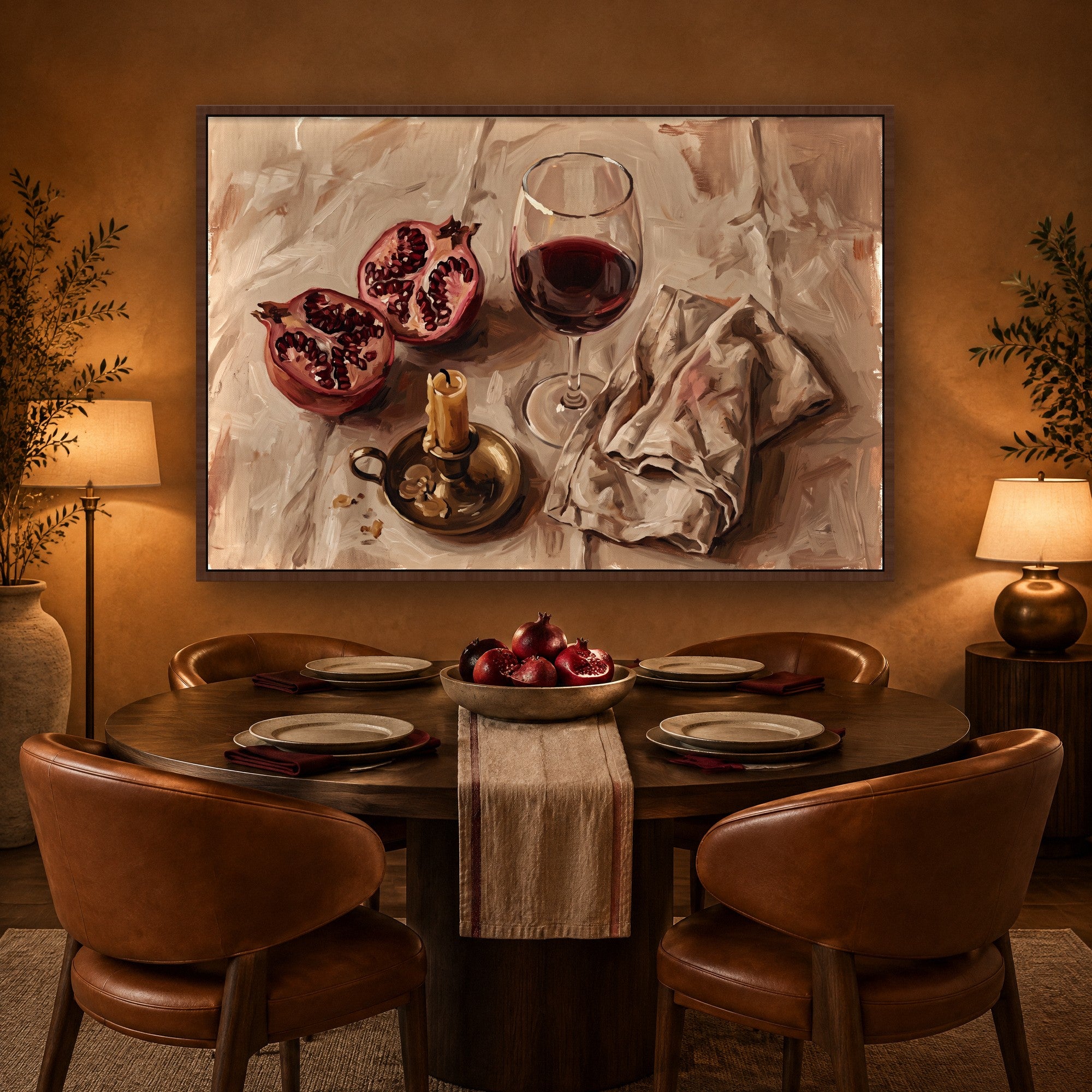 Evening Pomegranate sfeerbeeld met kastanjebruine baklijst in een warme eetkamer