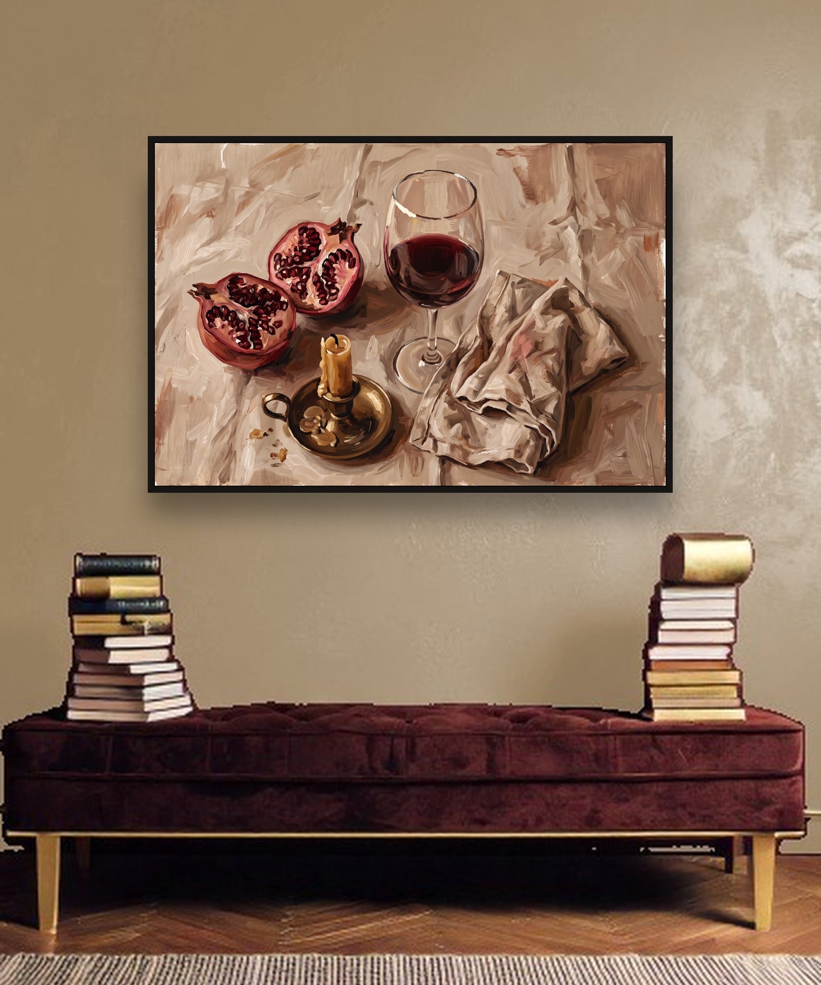 Evening Pomegranate ambiance avec cadre caisse noir dans un intérieur de luxe moderne