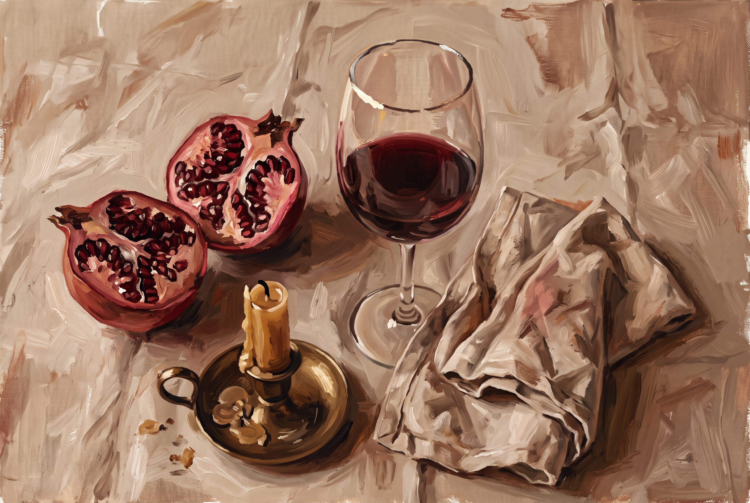 Evening Pomegranate - stilleven wijn en granaatappel wanddecoratie