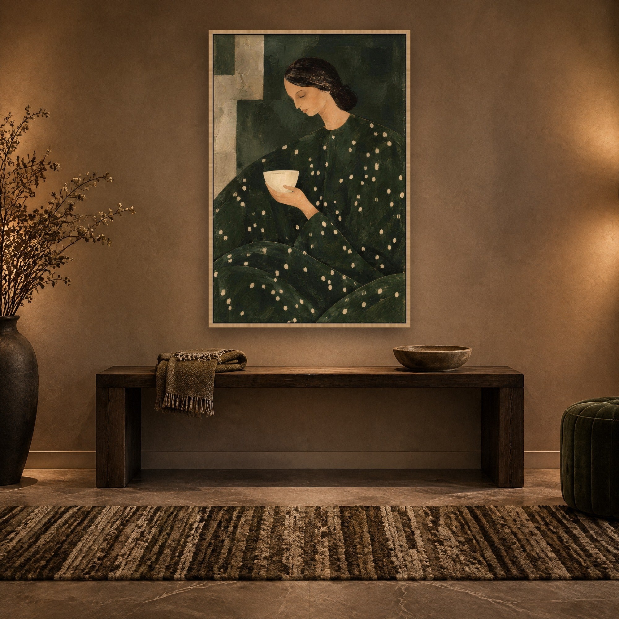 Evergreen Hush sfeerbeeld met baklijst in naturel hout in een hal