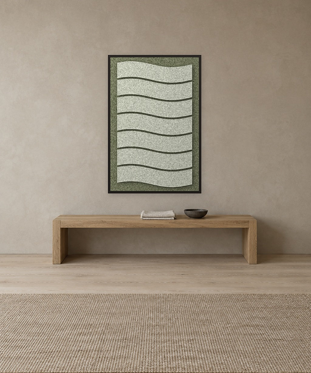 Flowline Fern Filzpaneel mit schwarzem Schattenfugenrahmen an der Wand in einem skandinavischen Interieur