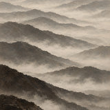 Peinture à l'huile de crêtes montagneuses superposées dans la brume, tons sépia et gris, Wandkraft