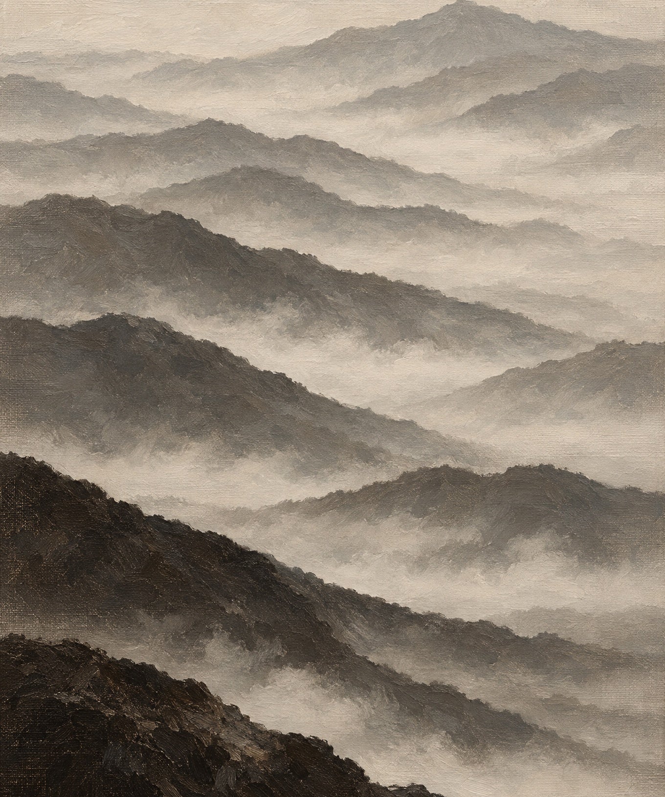 Ölgemälde geschichteter Bergkämme im Nebel, in Sepia- und Grautönen, Wandkraft