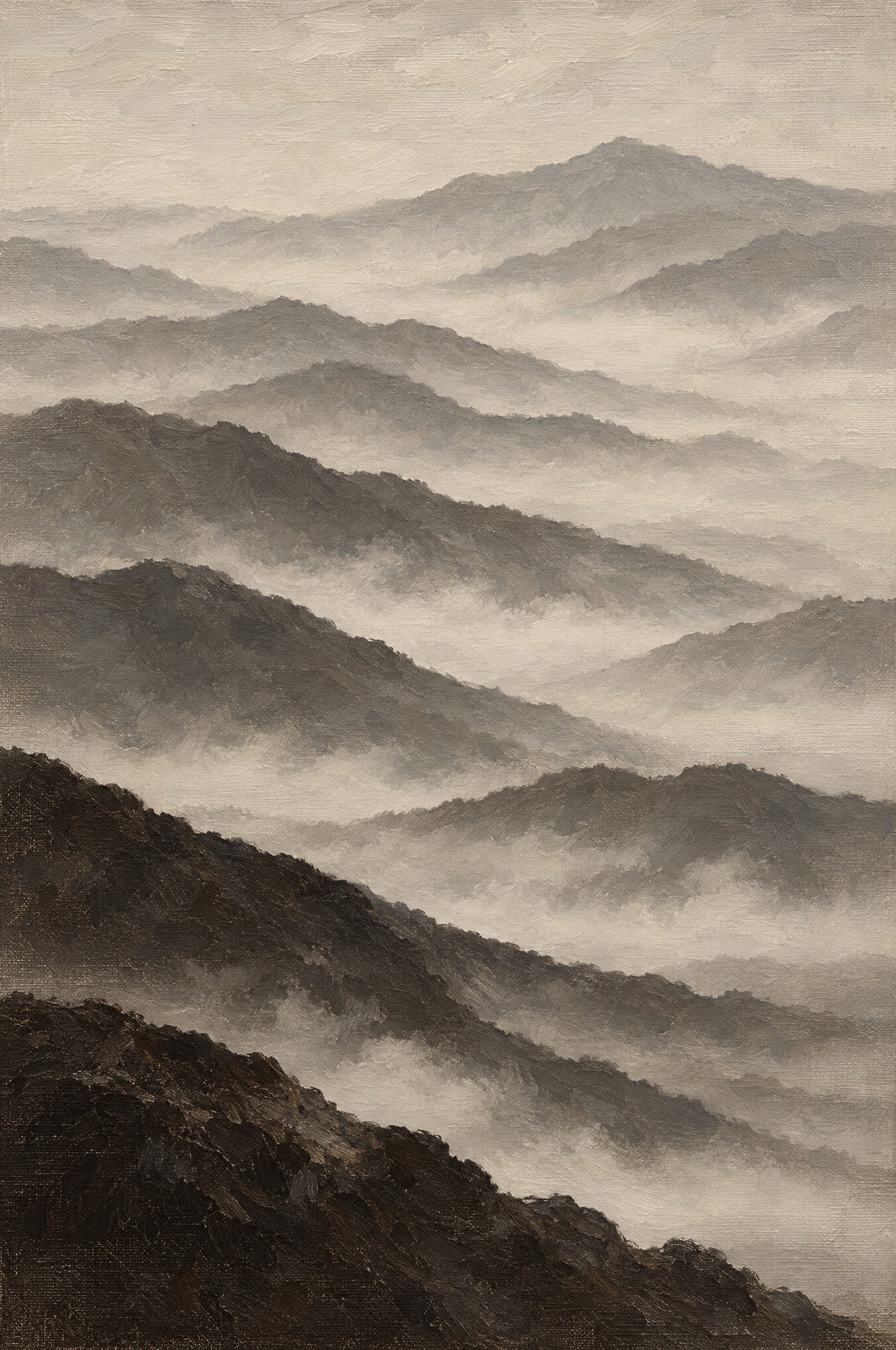 Peinture à l'huile de crêtes montagneuses superposées dans la brume, tons sépia et gris, Wandkraft