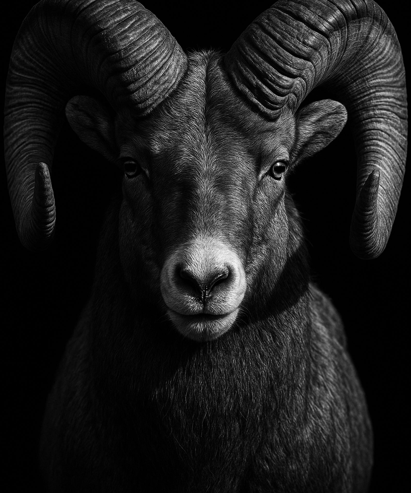 Horned Watch - zwart-wit dierportret, Wandkraft
