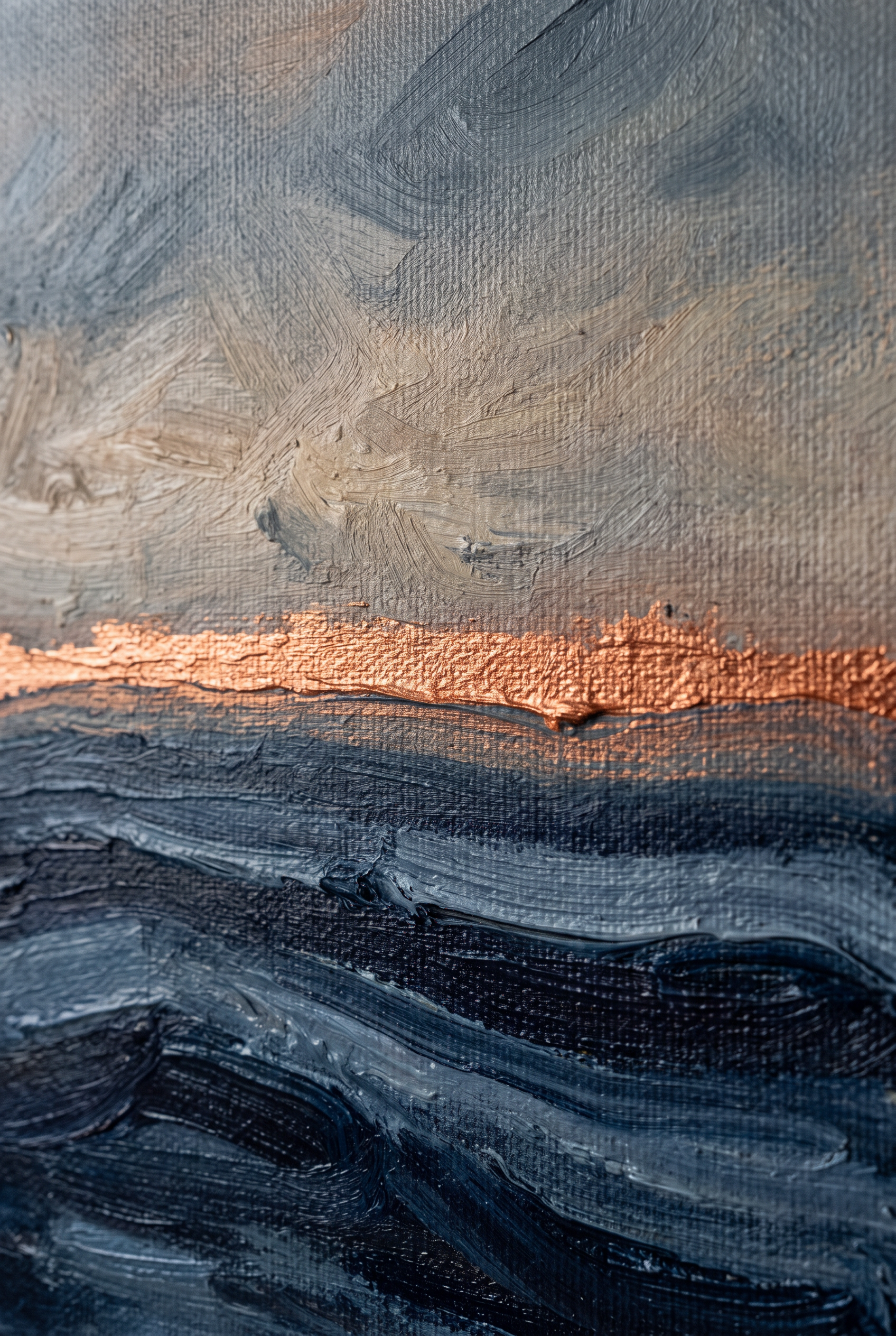 Indigo Drift wanddecoratie van Wandkraft: een gestileerde waterhorizon met zachte golvenlijnen en een rustige lucht, in diep indigo, zacht mistgrijs, warm zand, gebrand koper.