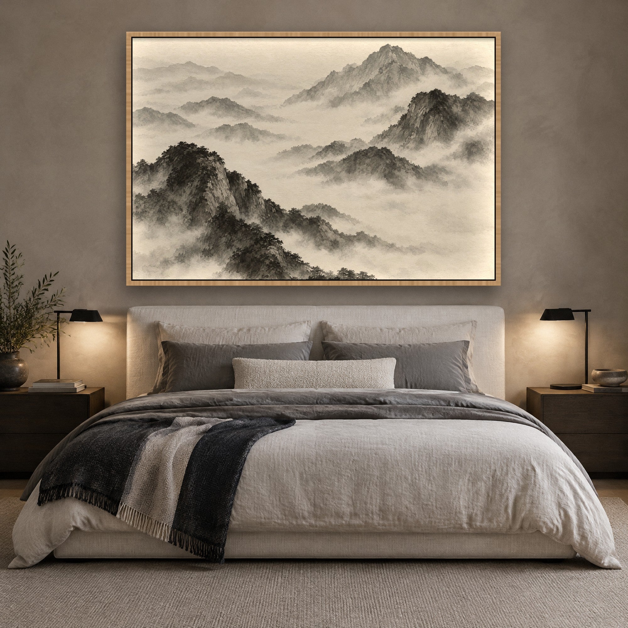Ink Peaks sfeerbeeld met baklijst in naturel hout in een rustige slaapkamer