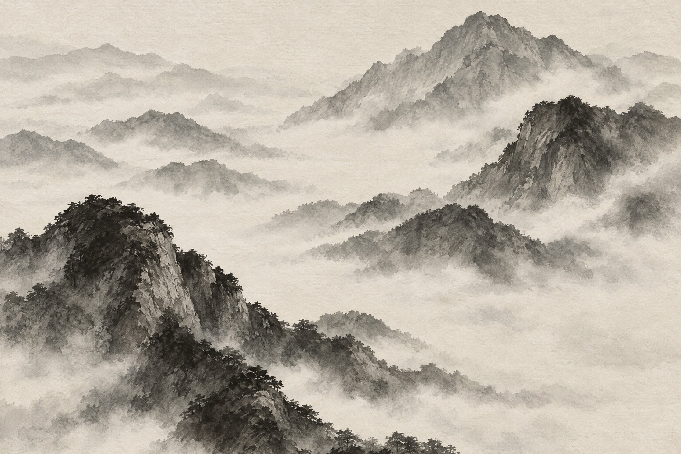 Paysage de montagnes à l’encre grise et noire, pins et sommets au-dessus de la brume, Wandkraft