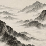 Paysage de montagnes à l’encre grise et noire, pins et sommets au-dessus de la brume, Wandkraft