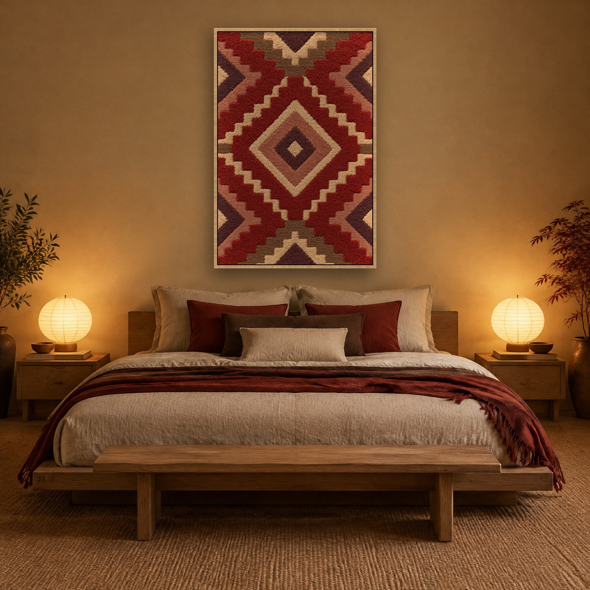 Kilim Relief sfeerbeeld met baklijst in naturel hout in een slaapkamer in japandi-stijl