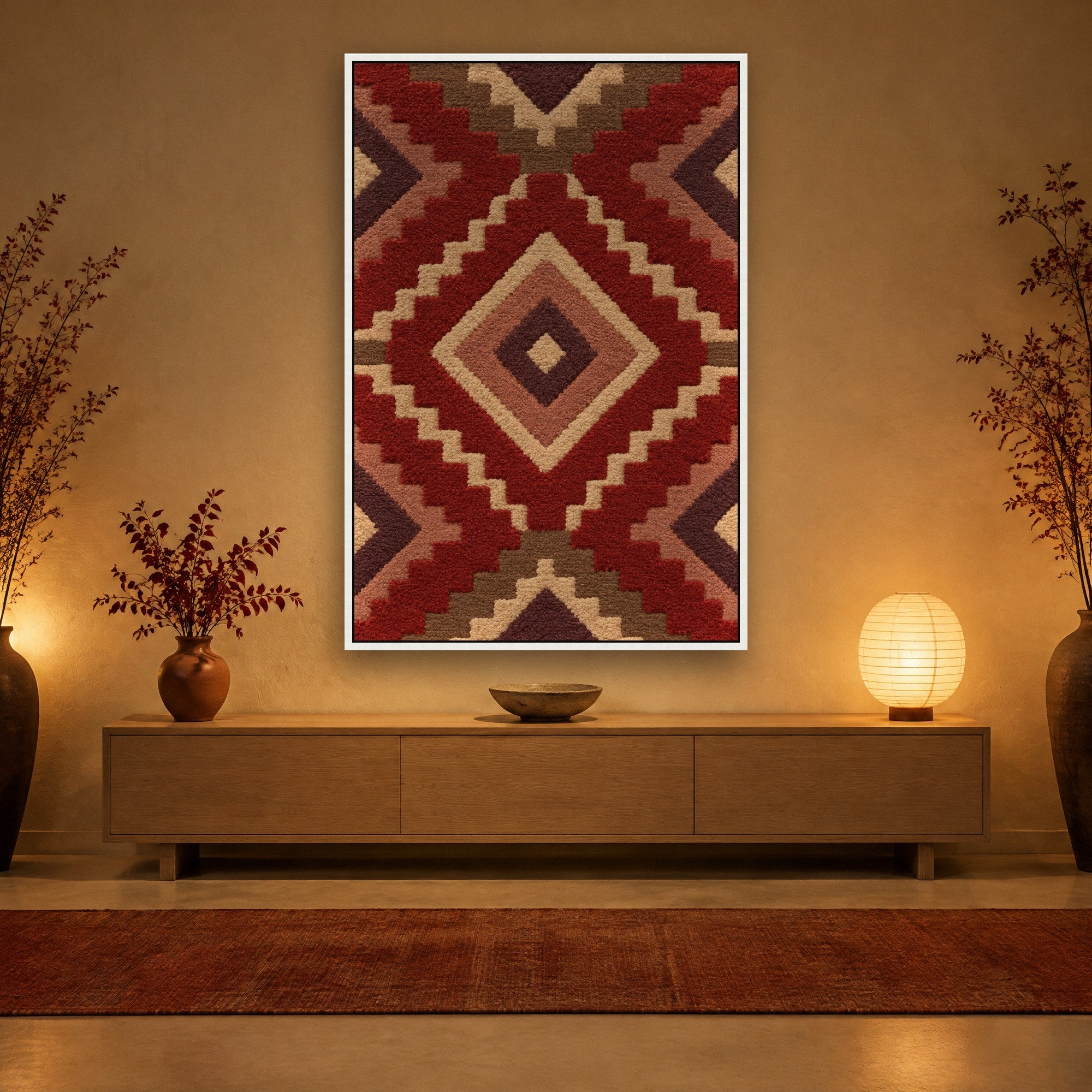 Kilim Relief sfeerbeeld met witte baklijst in een hal in japandi-stijl