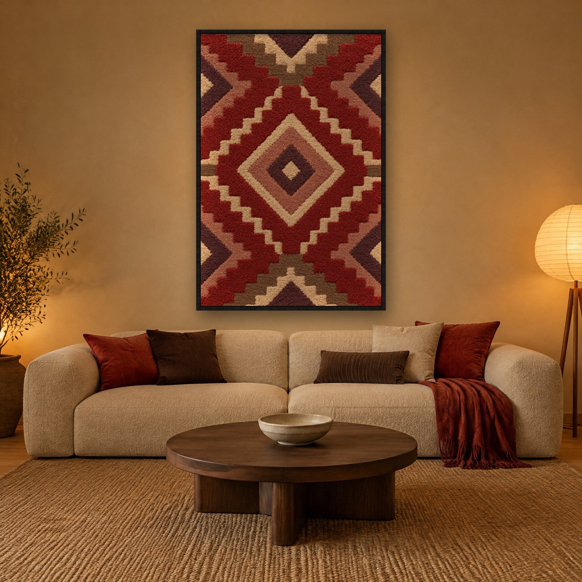 Kilim Relief sfeerbeeld met zwarte baklijst in een woonkamer in japandi-stijl