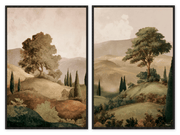Décoration murale Wandkraft : deux peintures aux collines toscanes et cyprès en tons terreux, décoration murale moderne avec cadre. Pour un intérieur élégant