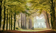 Décoration murale Wandkraft : cycliste sur un chemin forestier vers une maison de campagne blanche, art mural nature de style rustique de Wandkraft en tons verts. Pour un intérieur élégant