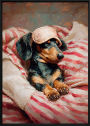 Dreaming Dachshund décoration murale de Wandkraft : teckel portant un masque de nuit rose sur une literie à rayures rouges et blanches