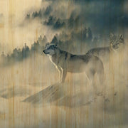 Wandkraft Wanddekoration: zwei Wölfe auf einem nebligen Höhenrücken mit Kiefern, Gemälde im stimmungsvollen Stil, Naturwandkunst European Wildlife 006. Für ein stilvolles Interieur