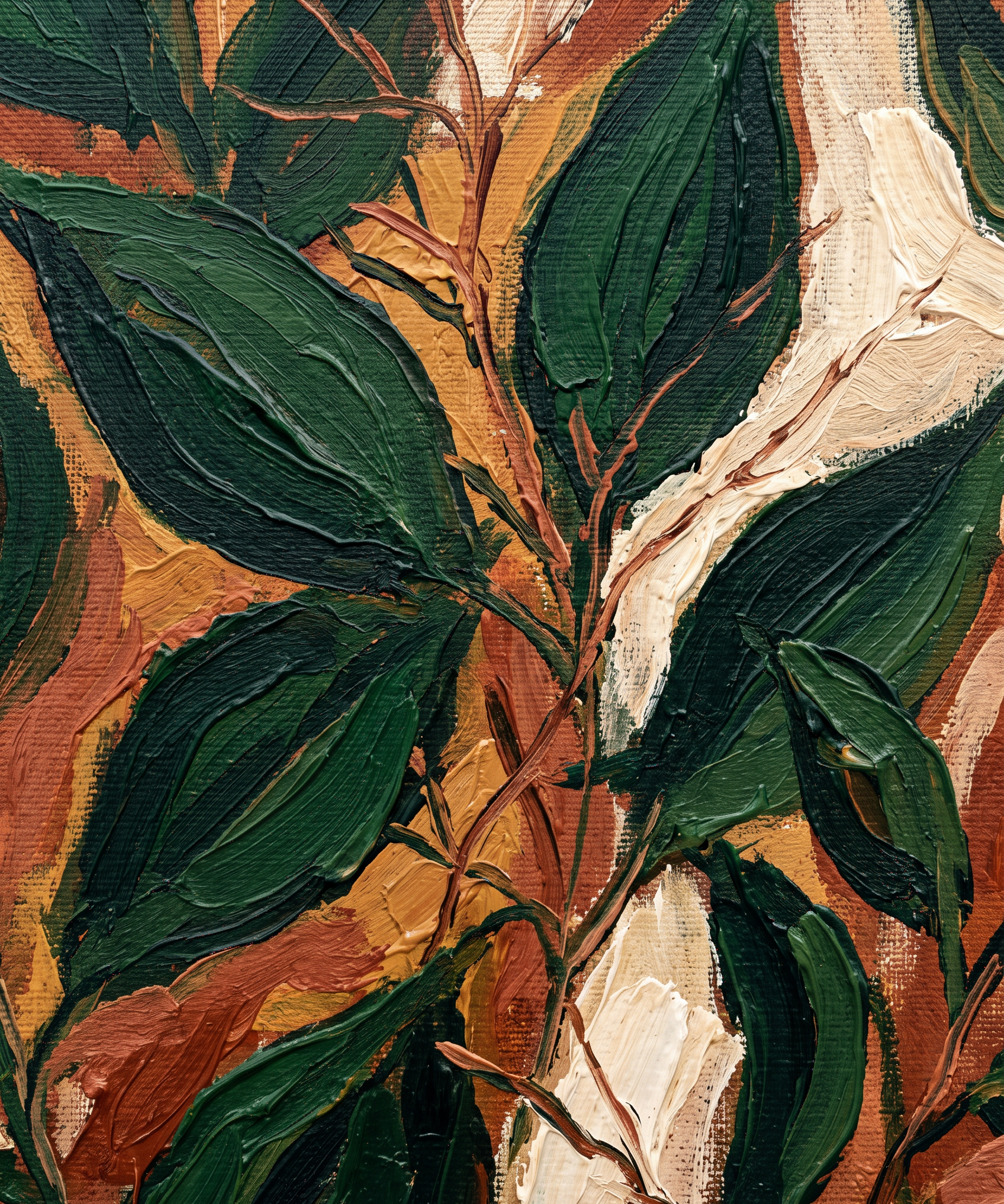 Leaf Chorus wanddecoratie van Wandkraft: een gestileerd natuurdetail met grote bladvormen en fijne takken, tegen een warme achtergrond, in diep bladgroen, warm oker, gebrand terracotta, roomwit.