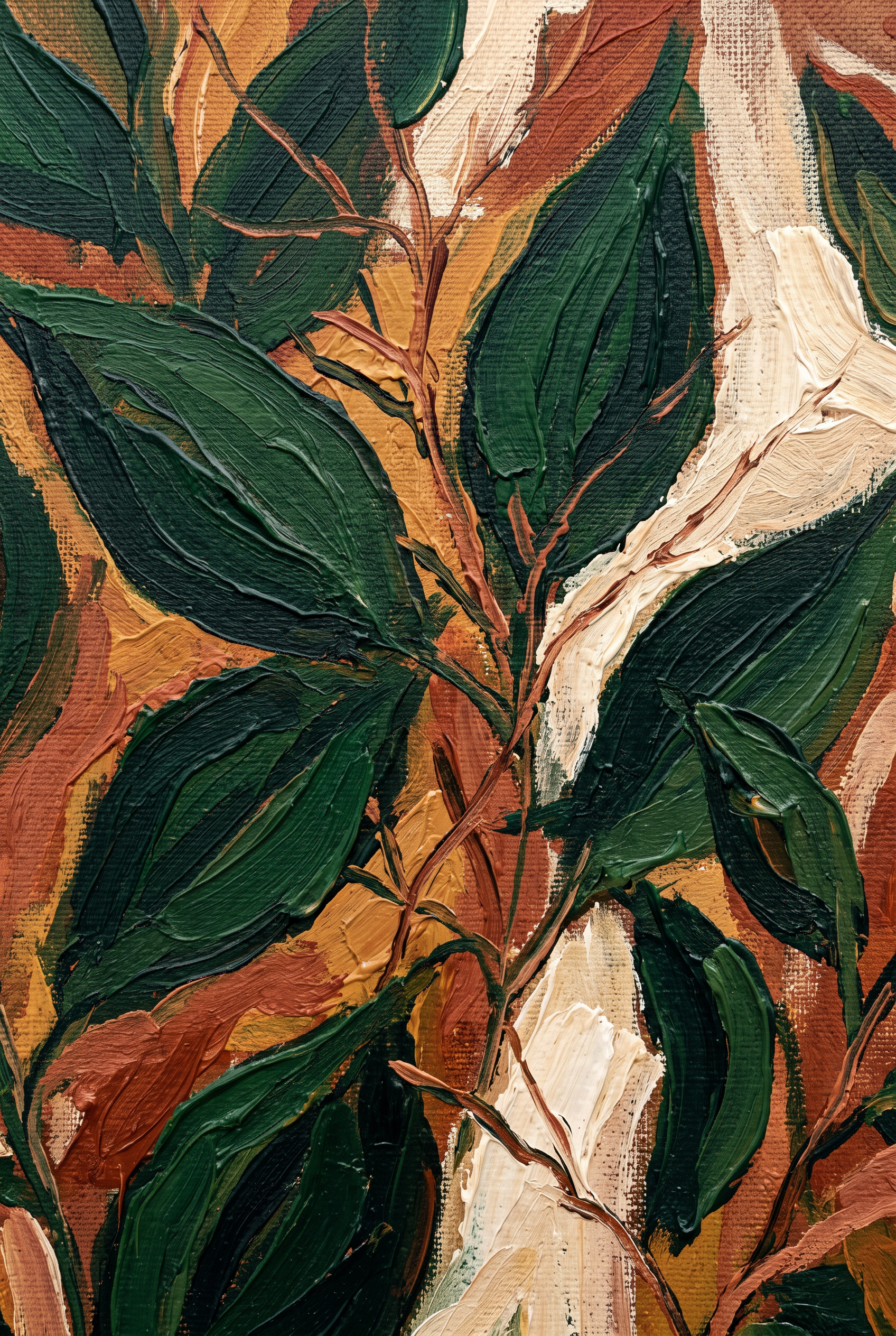 Leaf Chorus wanddecoratie van Wandkraft: een gestileerd natuurdetail met grote bladvormen en fijne takken, tegen een warme achtergrond, in diep bladgroen, warm oker, gebrand terracotta, roomwit.