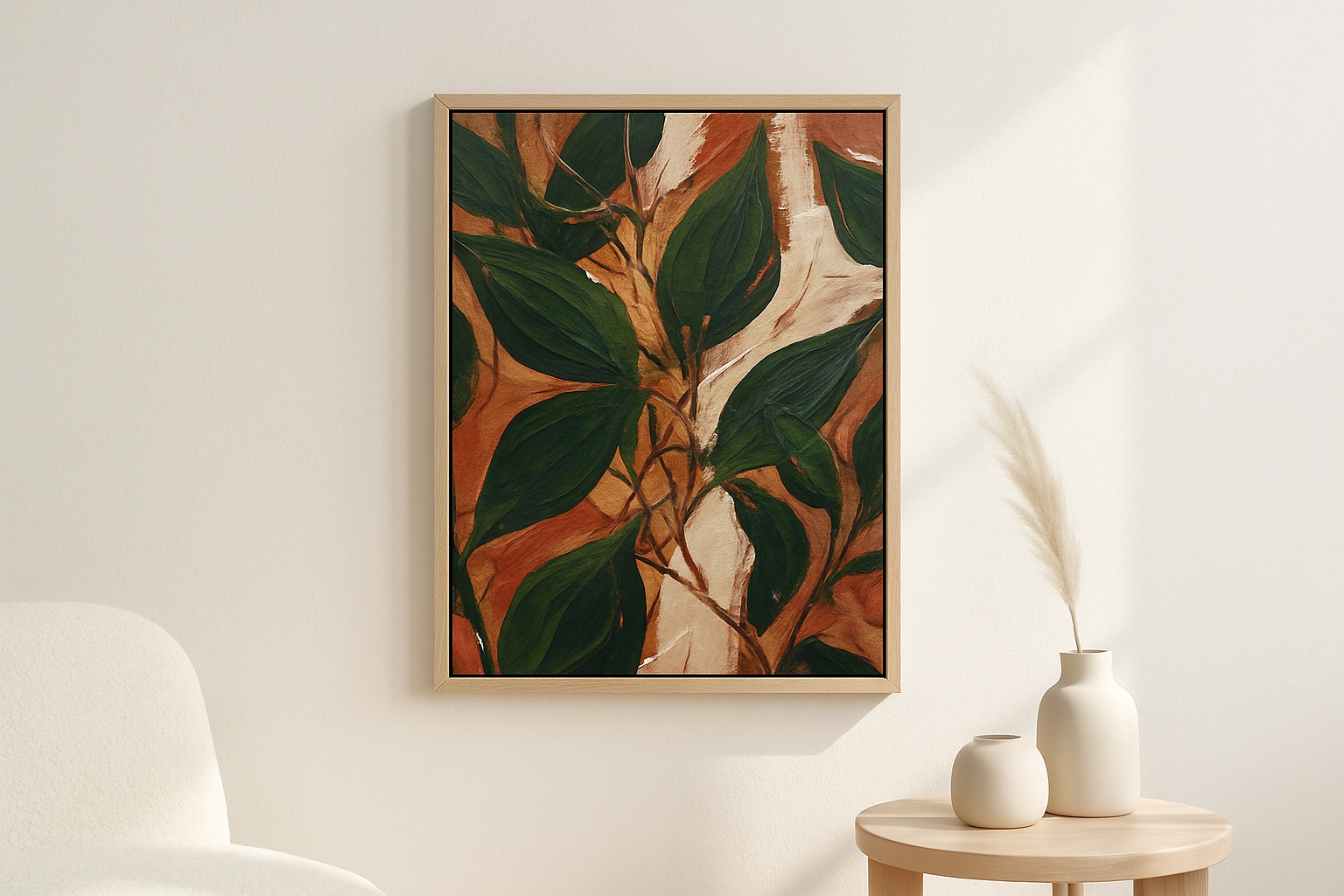 Leaf Chorus van Wandkraft op canvas in blanke baklijst, in een licht Scandinavisch interieur.