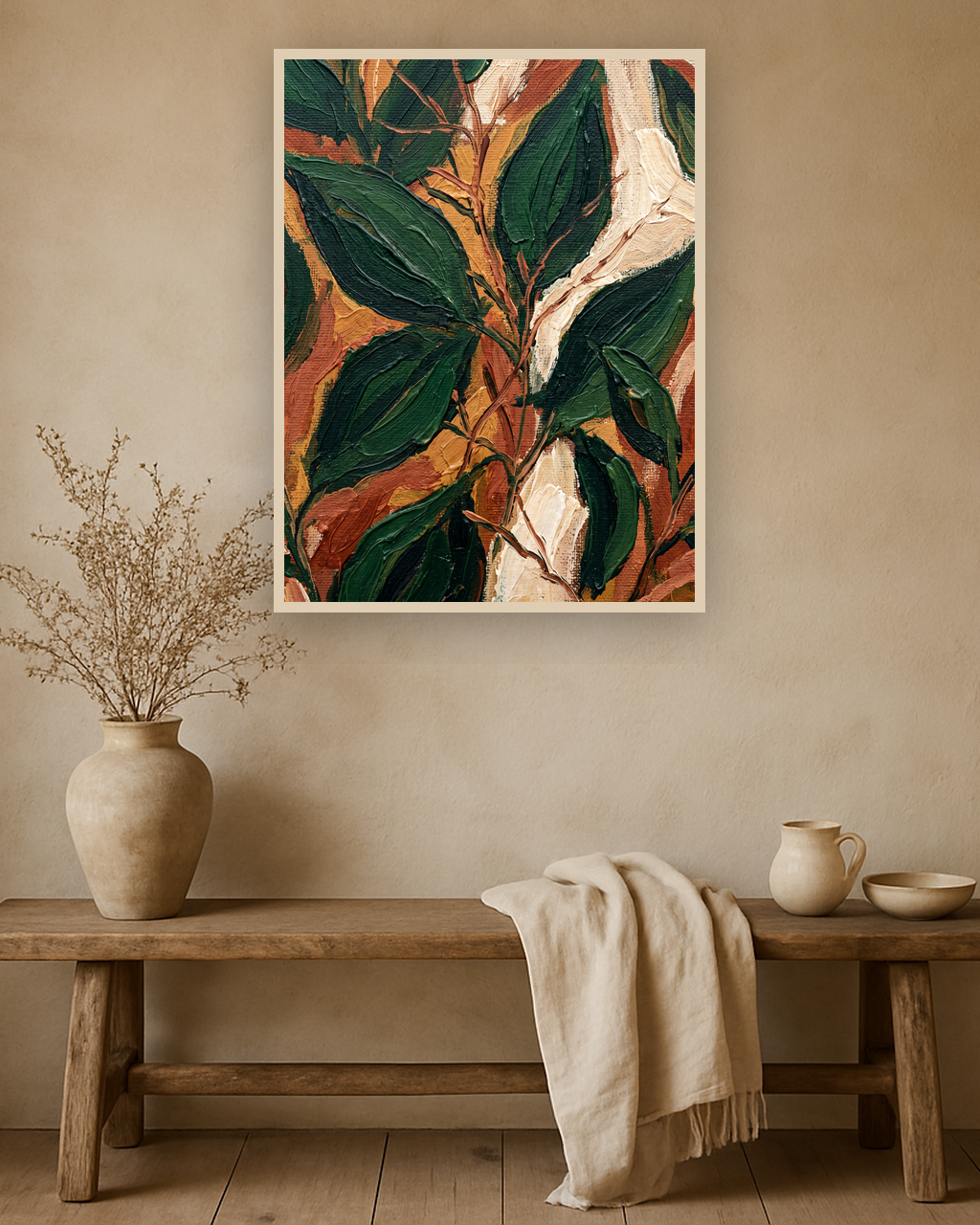 Leaf Chorus van Wandkraft op canvas in blanke baklijst, in een natuurlijk landelijk interieur.