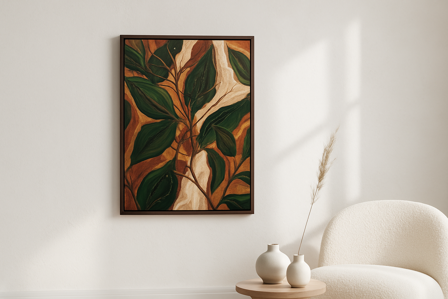 Leaf Chorus van Wandkraft op canvas in wenge baklijst, in een licht Scandinavisch interieur.