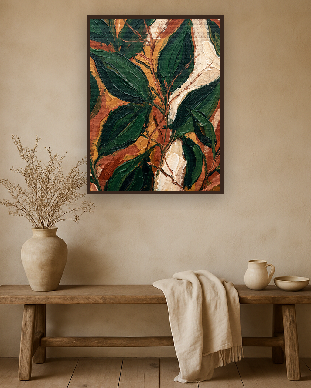 Leaf Chorus van Wandkraft op canvas in wenge baklijst, in een natuurlijk landelijk interieur.