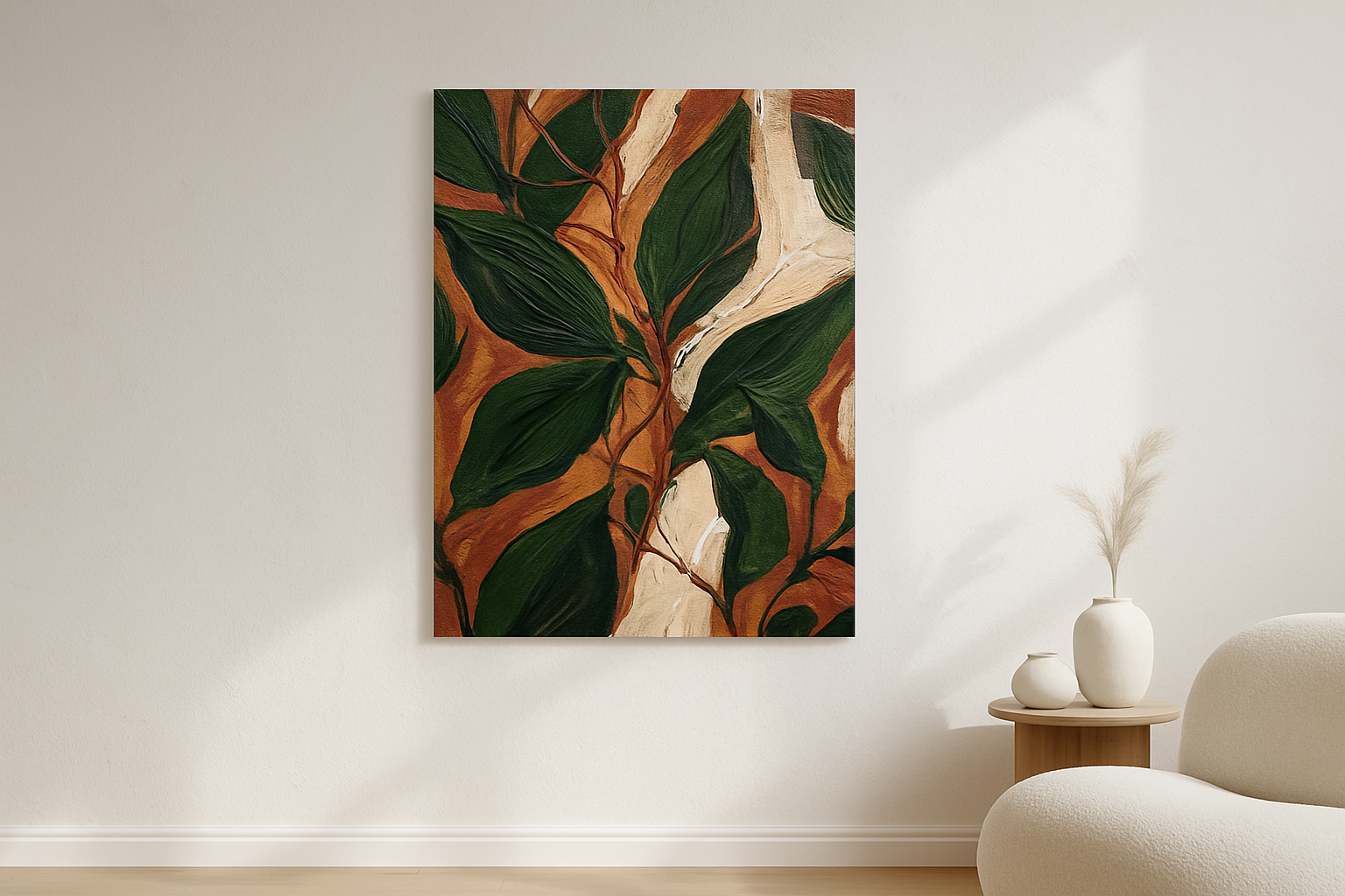 Leaf Chorus van Wandkraft op canvas zonder lijst, vlak aan de muur, in een licht Scandinavisch interieur.