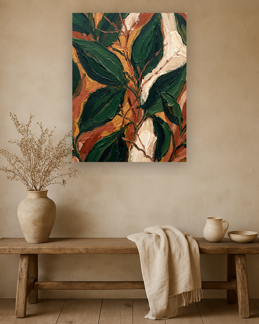 Leaf Chorus van Wandkraft op canvas zonder lijst, vlak aan de muur, in een natuurlijk landelijk interieur.