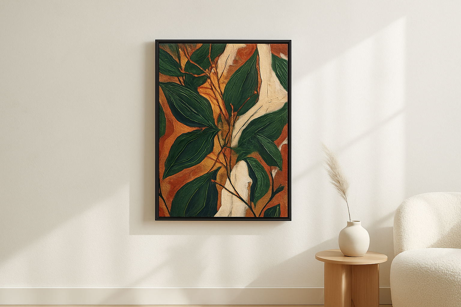 Leaf Chorus van Wandkraft op canvas in zwarte baklijst, in een licht Scandinavisch interieur.