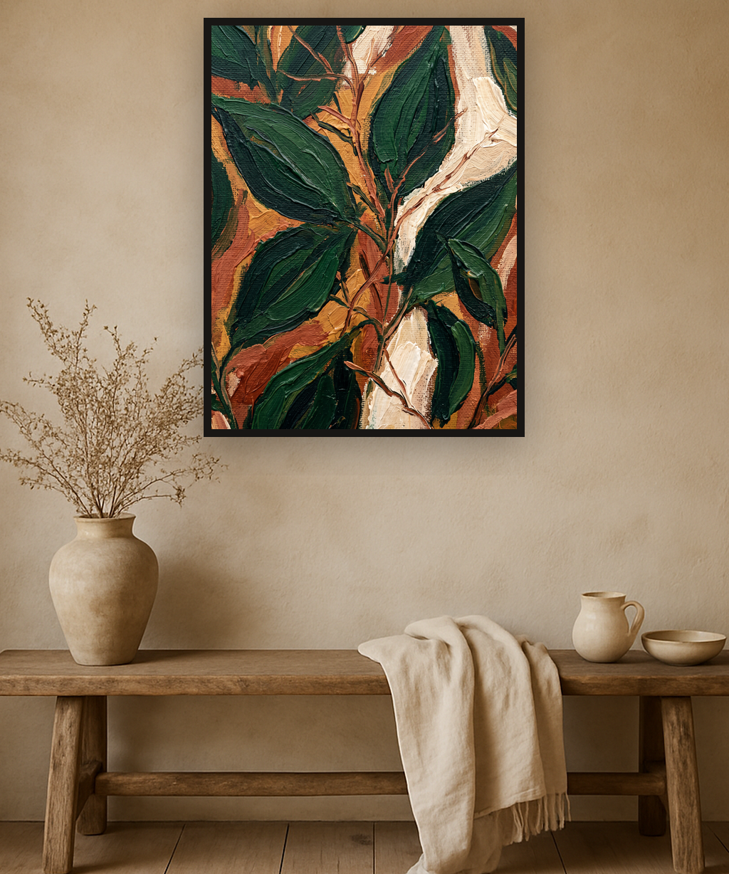 Leaf Chorus van Wandkraft op canvas in zwarte baklijst, in een natuurlijk landelijk interieur.