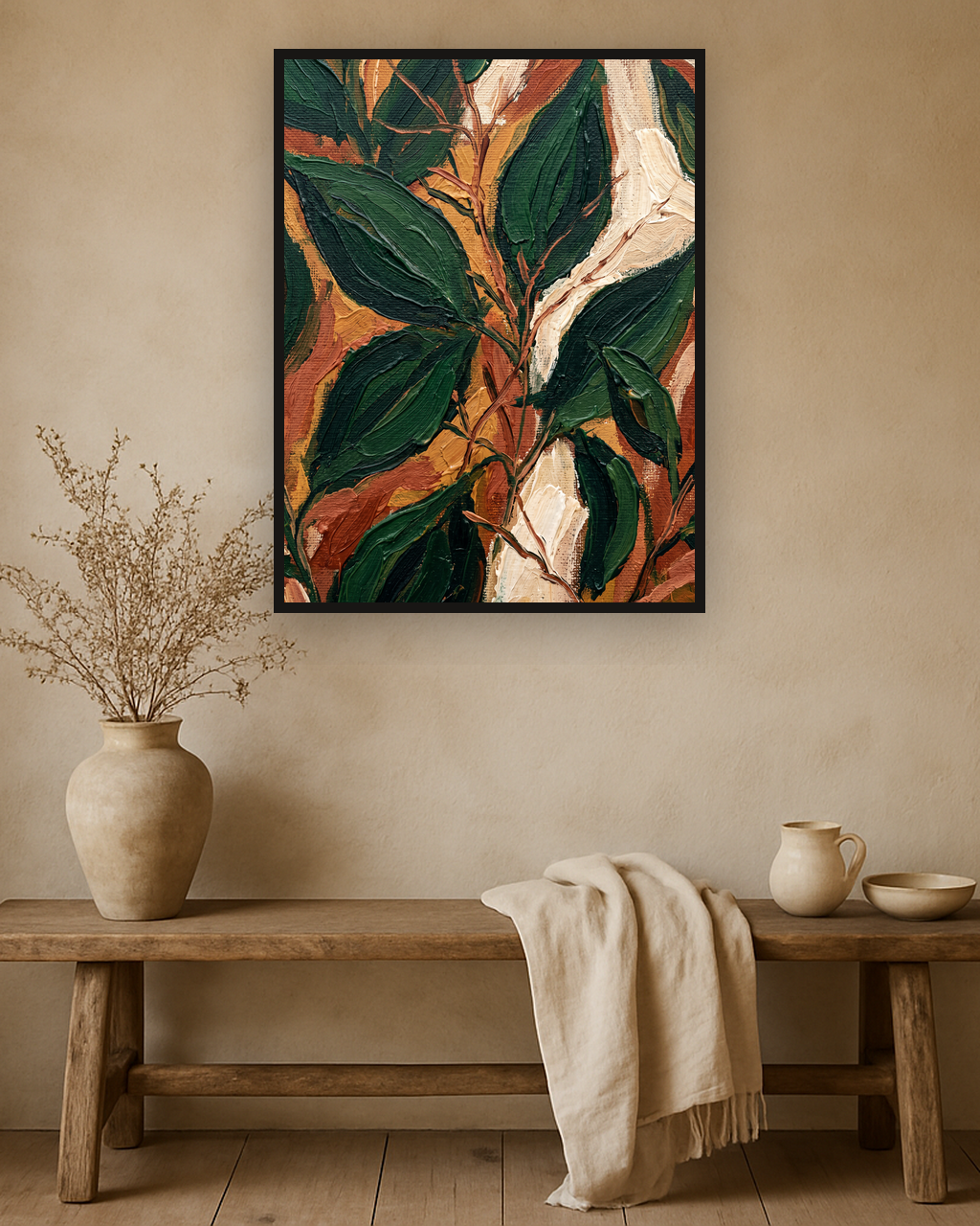 Leaf Chorus van Wandkraft op canvas in zwarte baklijst, in een natuurlijk landelijk interieur.