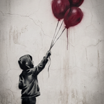 Let It Rise - street art schilderij van een kind dat rode ballonnen loslaat in zwart-wit