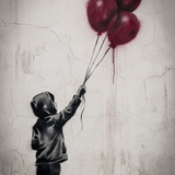 Let It Rise - street art schilderij van een kind dat rode ballonnen loslaat in zwart-wit