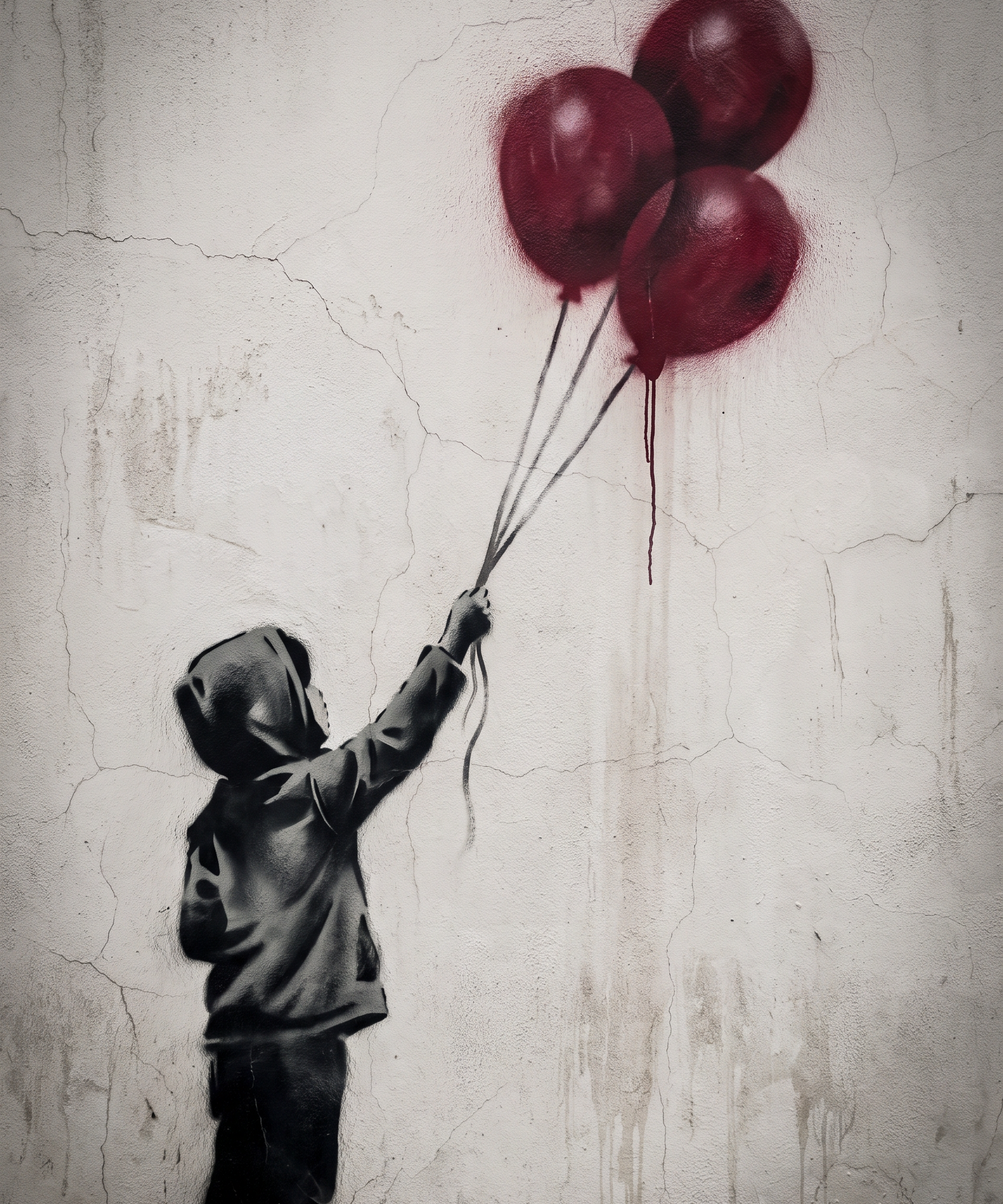 Let It Rise - street art schilderij van een kind dat rode ballonnen loslaat in zwart-wit