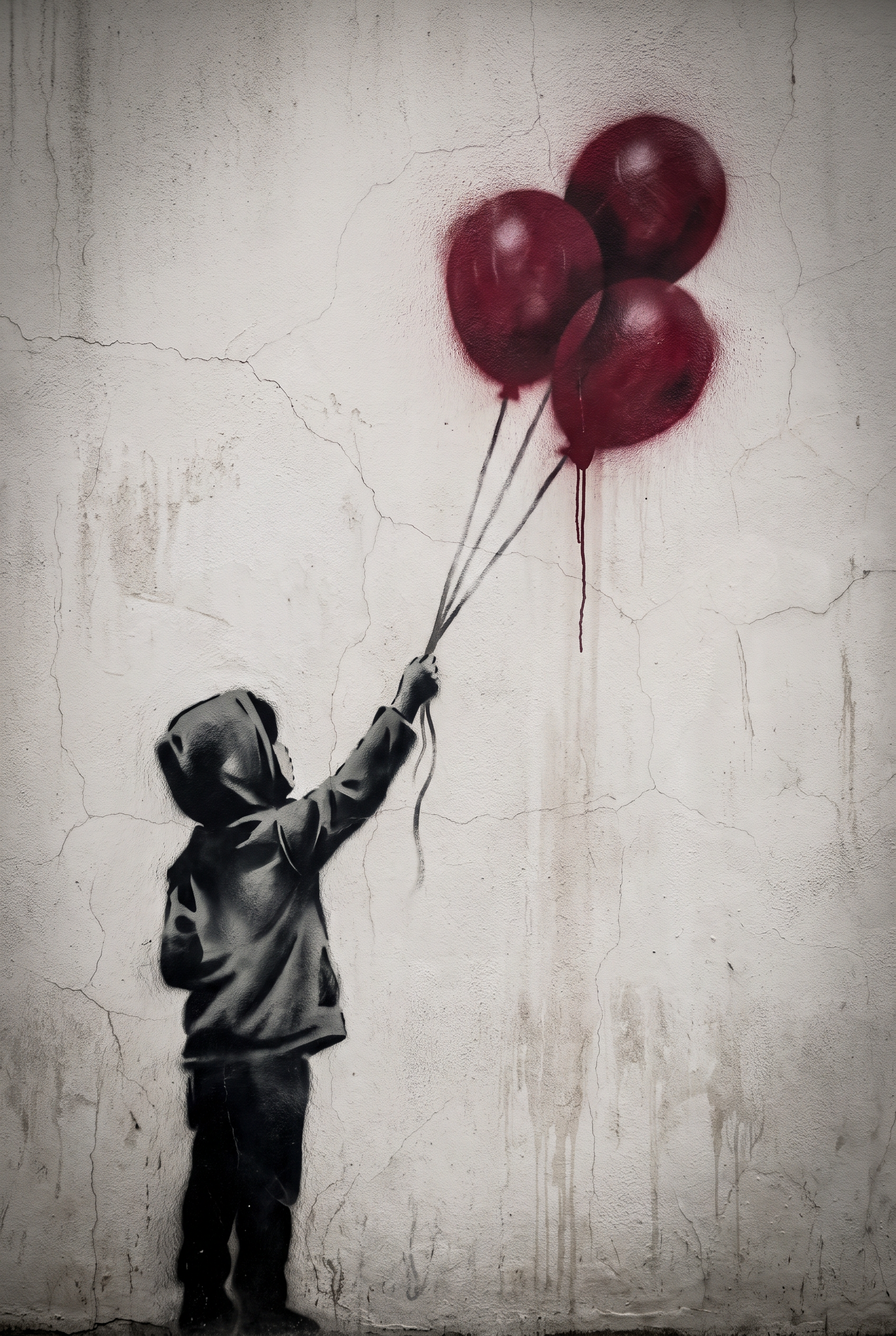 Let It Rise - street art schilderij van een kind dat rode ballonnen loslaat in zwart-wit