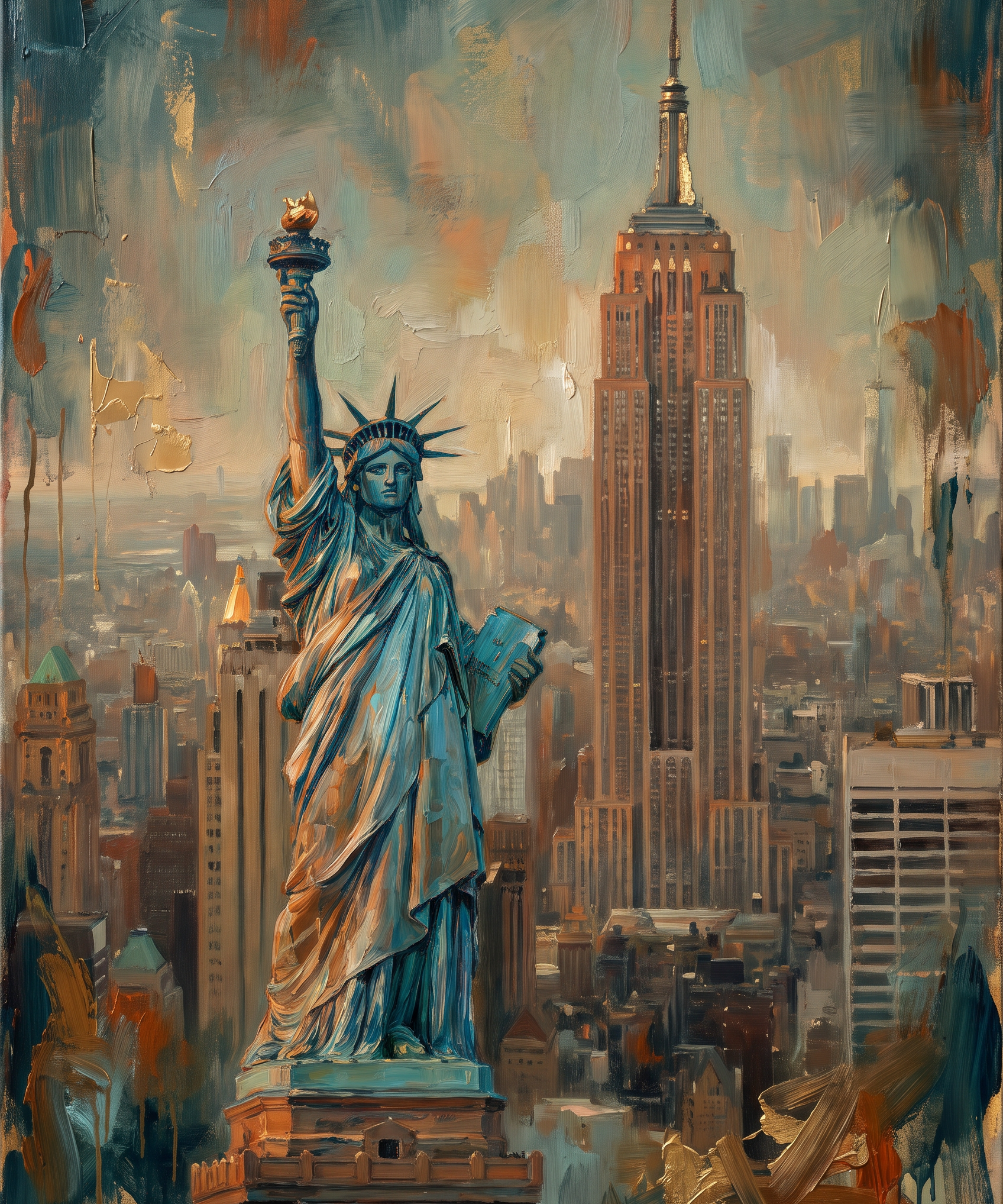 Liberty Skyline - schilderij van het Vrijheidsbeeld en de Empire State Building in New York