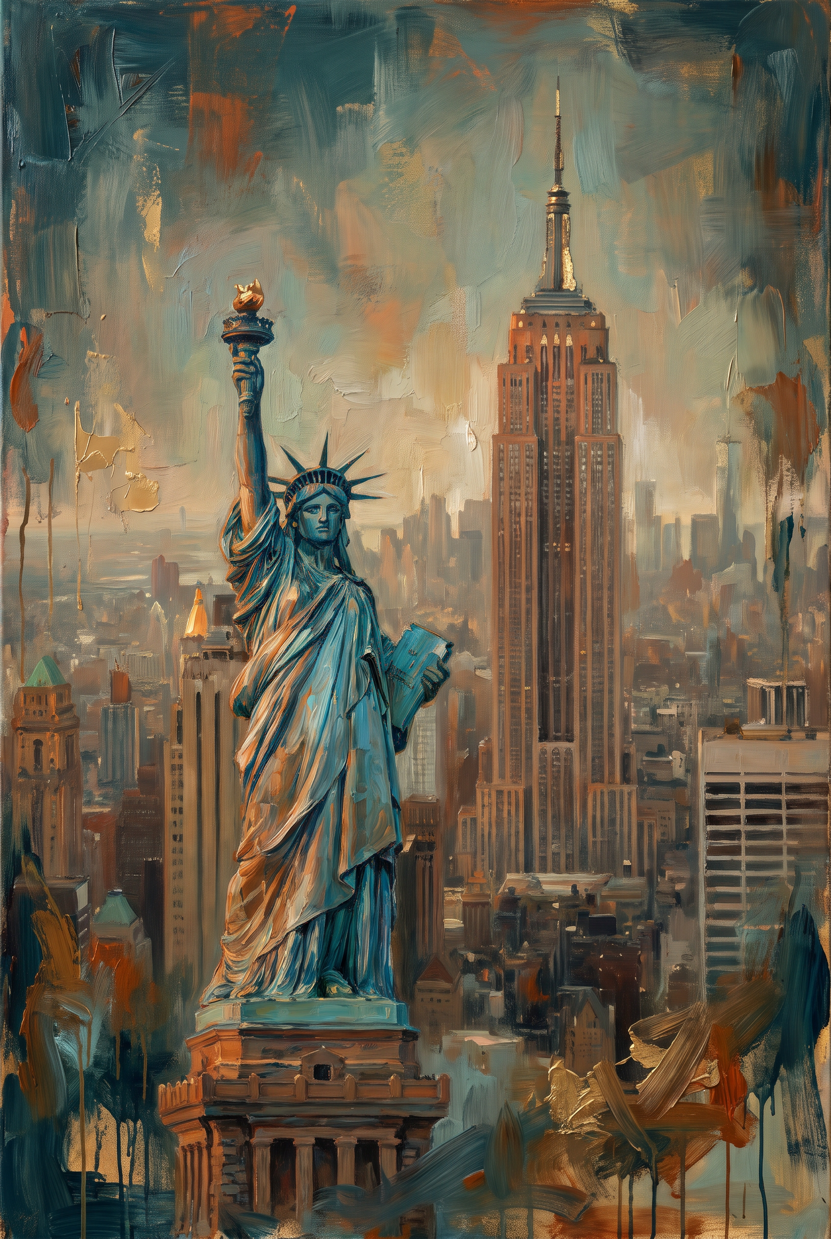 Liberty Skyline - schilderij van het Vrijheidsbeeld en de Empire State Building in New York